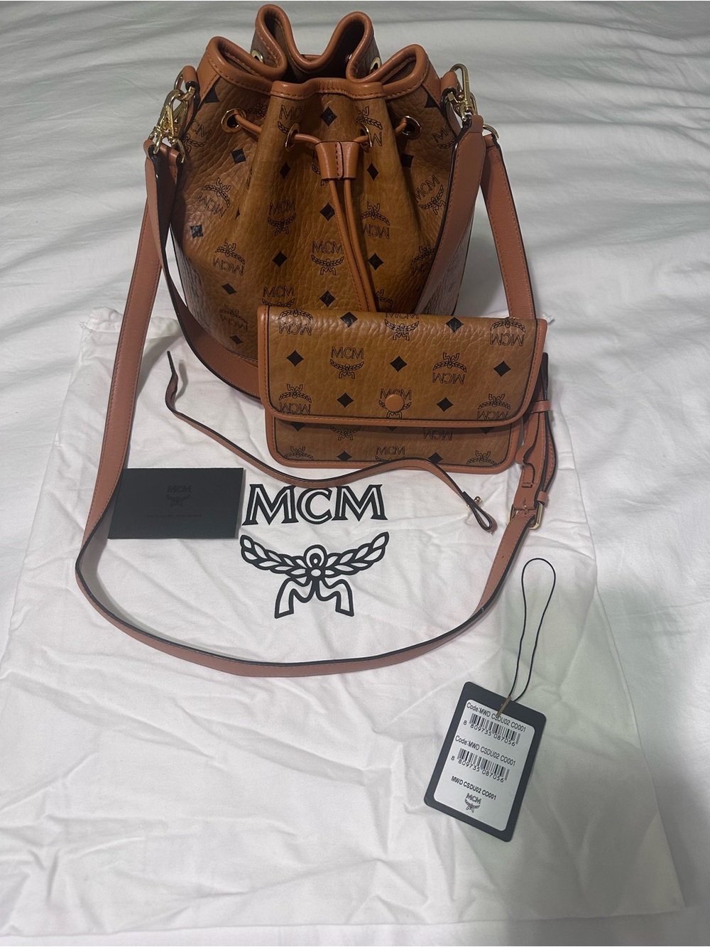 MCM Cognac Visetos Dessau VI Drawstring Bucket Bag Med and Separate Pouch